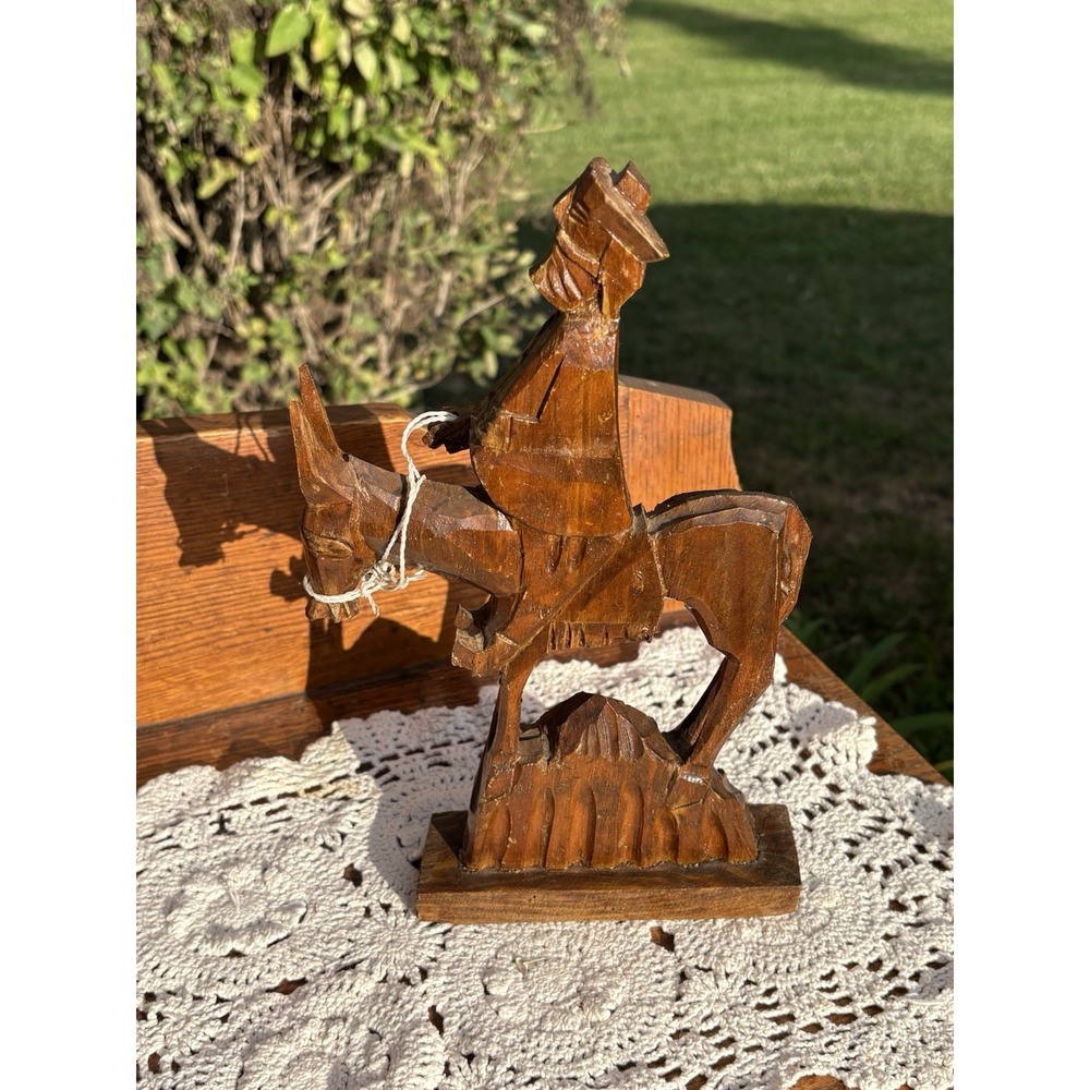VTG Hand Carved Wooden Don Quixote on His Horse Rocinante Sculpture Folk Art 8" - Picture 2 of 8